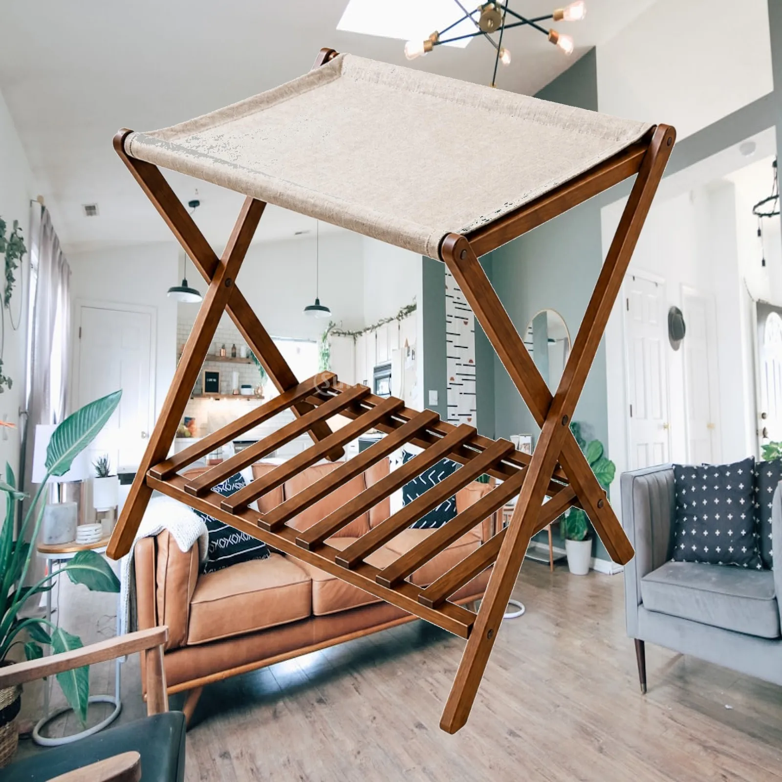 Bamboo Luggage Rack with Shelf Easy to Assemble Luggage Rack with Storage Shelf Folding Suitcase Stand Long-Lasting for Guests