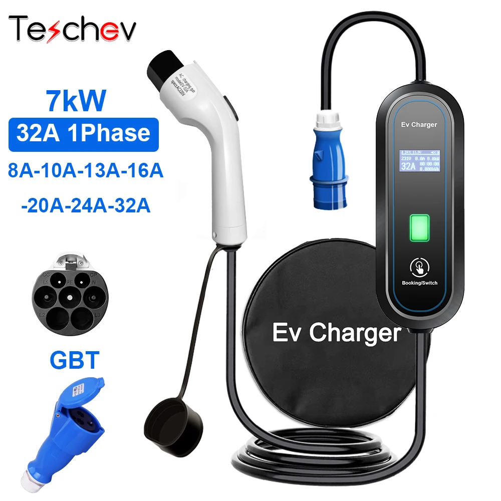 Teschev-cargador EV portátil para vehículos eléctricos, estación de carga rápida de 32A, tipo 1, EVSE, 7kW, tipo 2, GBT Wallbox