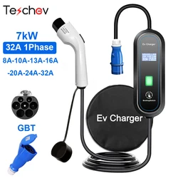 Teschev 32A Portable EV Charger Type 1 EVSE 7kW Type 2 Fast Charger GBT Wallbox Charging Station for Electric Vehicles