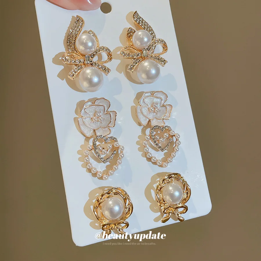French Retro Pearl Bow Stud Earrings Flower Heart Shaped Metallic Framework Dainty Daily Earring Multipack Accessories Girl