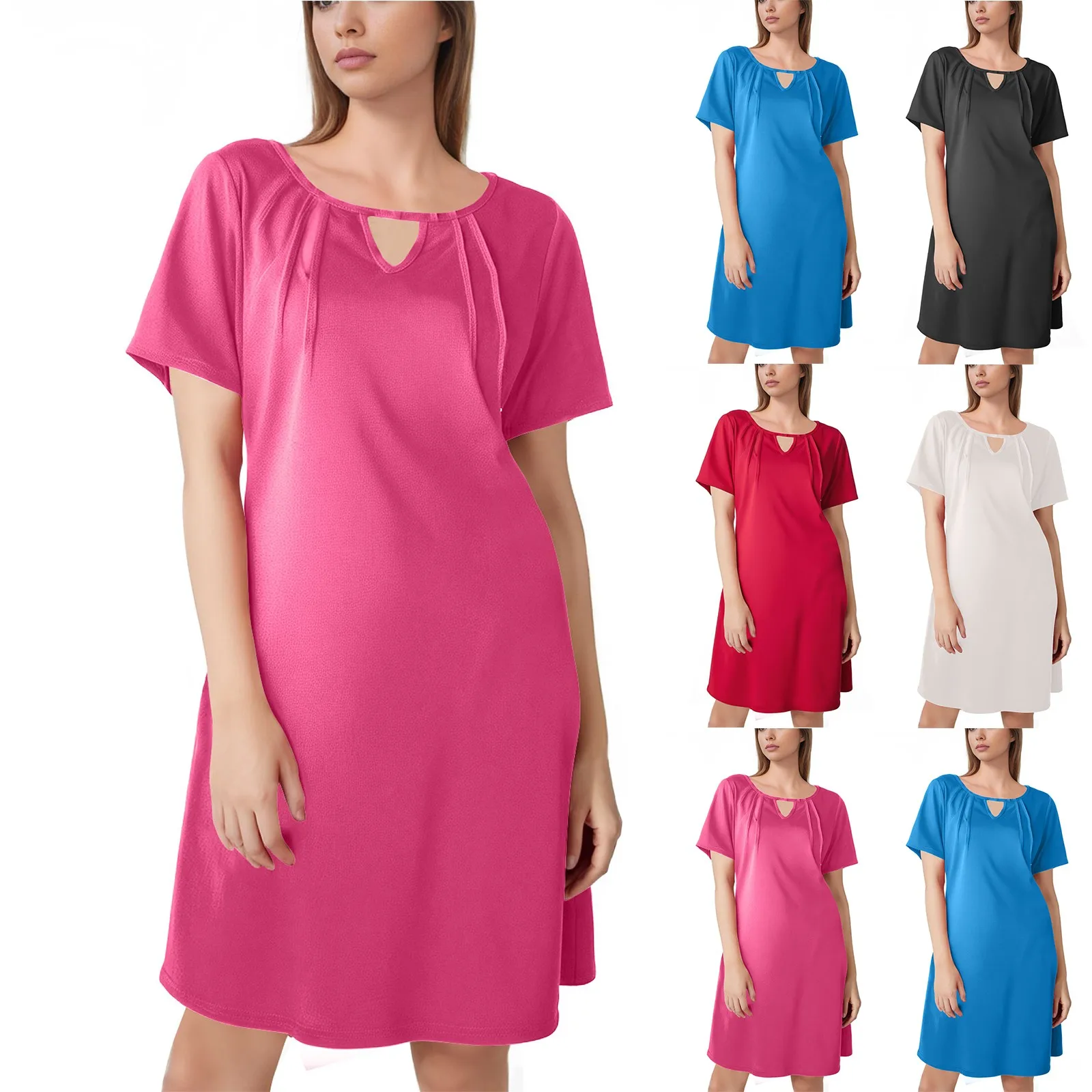 Casual Loose V-neck Dress Summer Women's Loose Dresses Female Short Sleeve Mid-length T Shirt-dress Solid Color