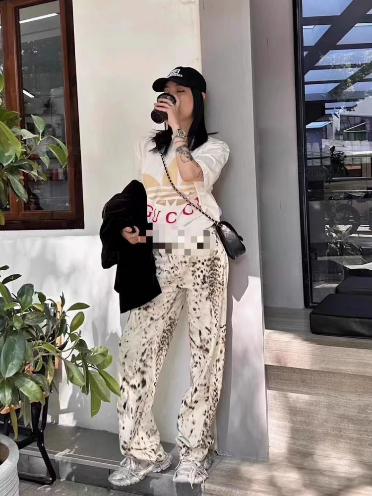 Deeptown Vintage Baggy Wide Leg Jeans Leopard Print Women Retro Straight Pants High Waisted Streetwear Y2k Casual Denim Trousers