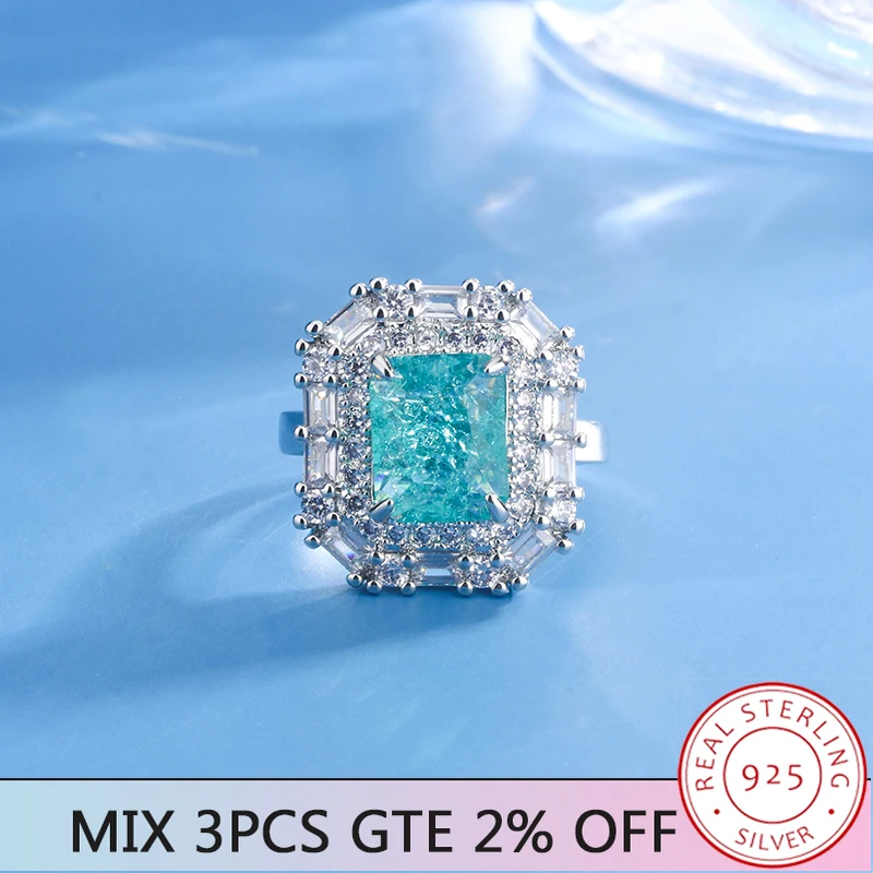 European and American Style Hot Sale Paraiba Square Sugar Ring Color Treasure Classic 925 Silver Plated Exquisite Fashion