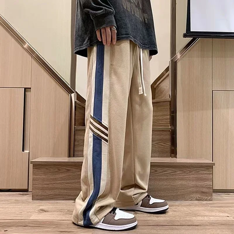 American Street Trendy Fashion Striped Contrasting Colors Casual Pants Elastic Waist Drawstring Pockets Loose Straight Trousers