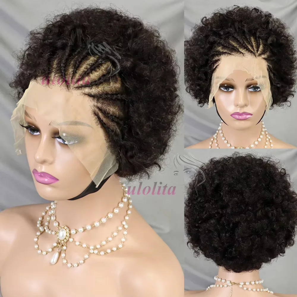 13x4 Lace Frontal Kurze Afro Kinky Curly Bob Geflochtene Haarperücke 8 Zoll Schwarze Echthaarperücke Vorgezupfte Federnde Lockige Perücke für Frauen – Detail 2