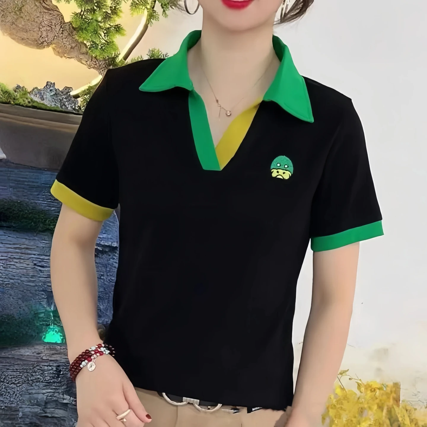 

95 Cotton Summer Short Sleeve Neck Top Women's Commute T-shirt Slimming Versatile Mommy Style Korean Fashion Straight Cut
