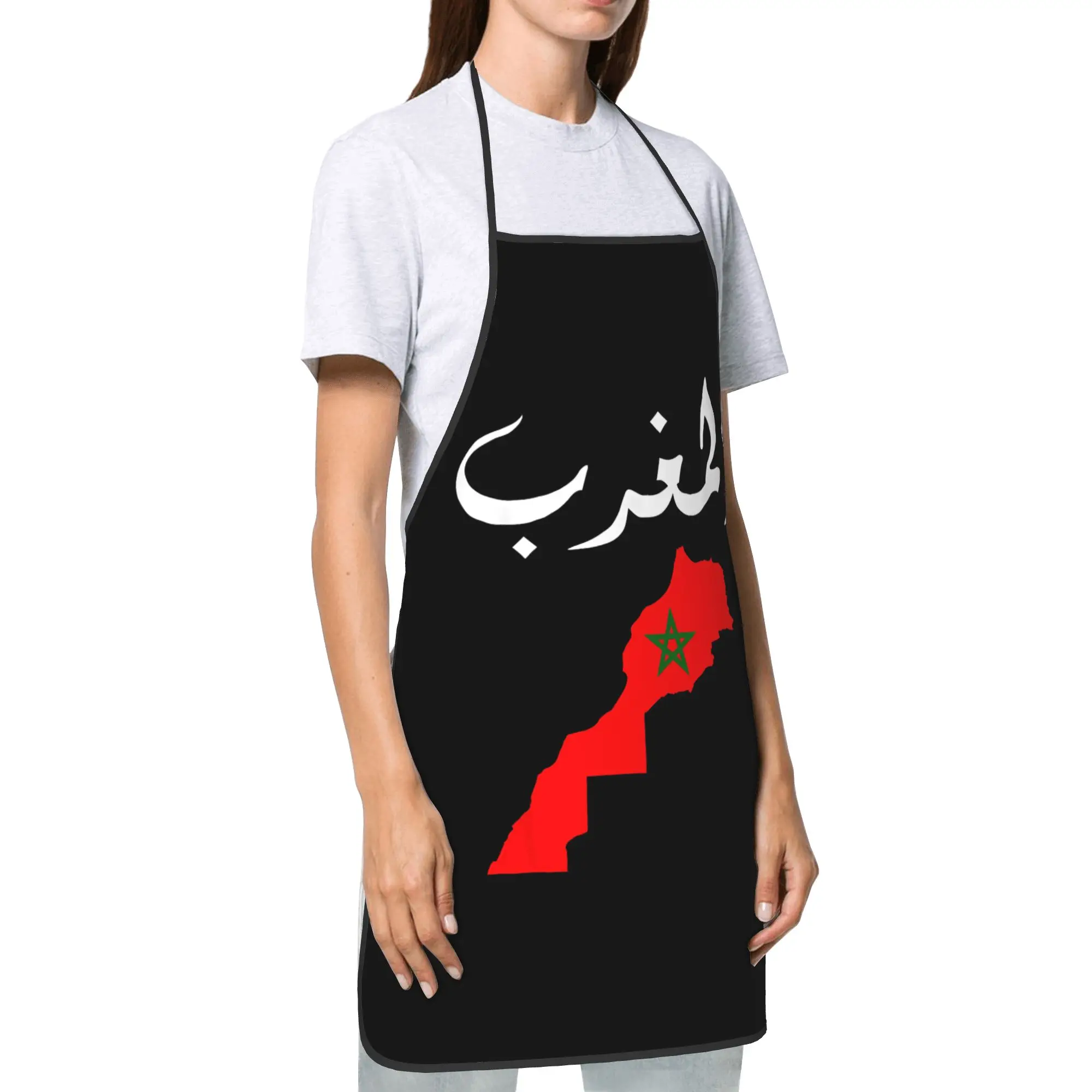 Morocco Flag Map In Arabic Characters Oil-Proof Bib Aprons Polyester Moroccan Pride Spirit Cook Adult Male Female Picnic Salon