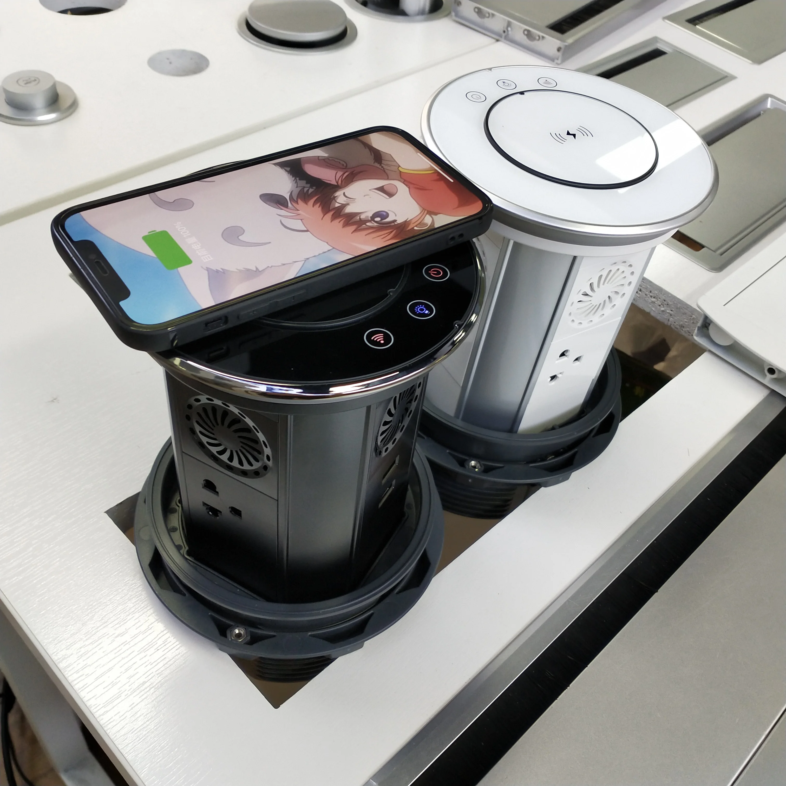 All Black White Glass Top IP65 Waterproof US Standard Wifi Smart Motorized Kitchen Pop up Socket with USB-c LED Light for Home