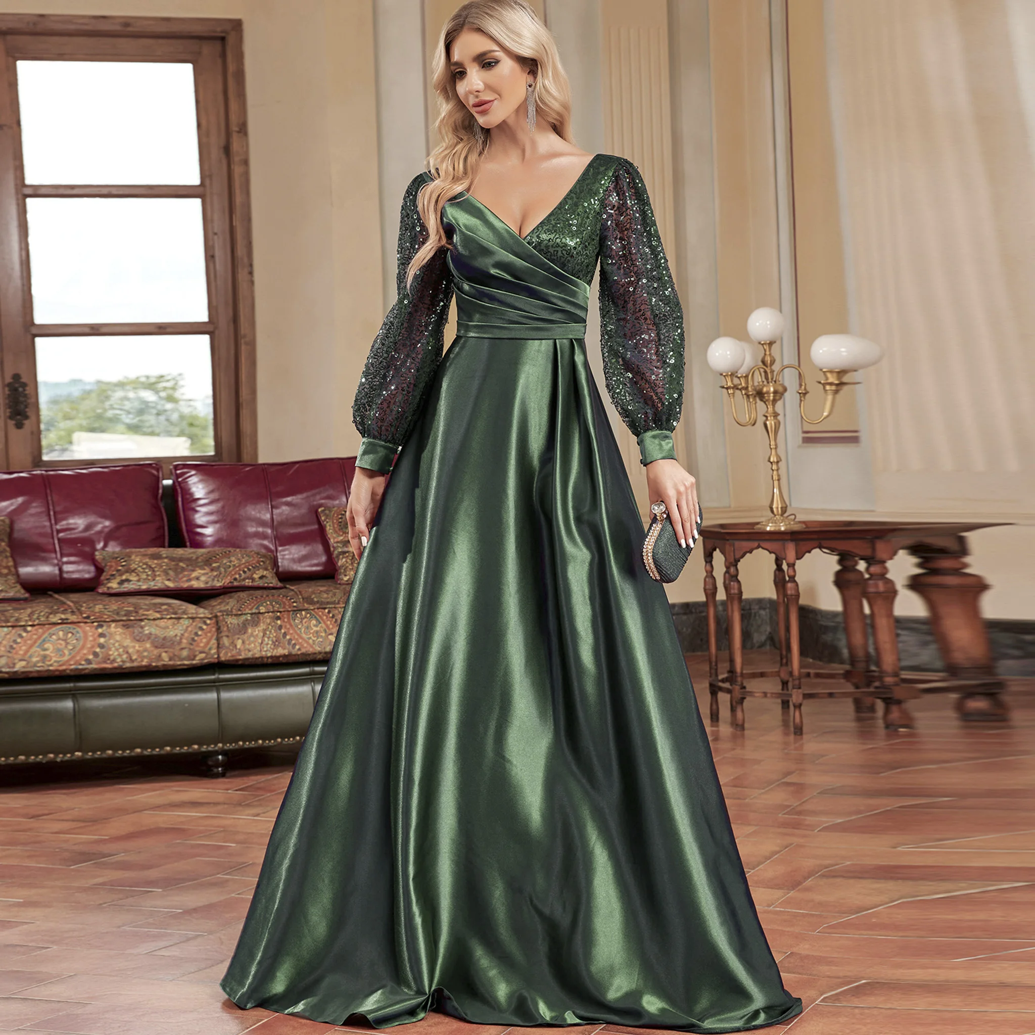 

Rosymae плюс размер атласное вечернее платье с длинными рукавами блестящее платье для выпускного вечера элегантный стиль высококачественная ткань для официальных мероприятий