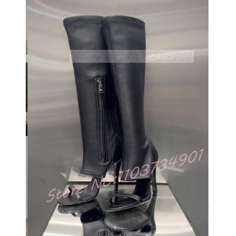 

Hollow Open Toe Slim Boots Women Black Wrapped Side Zipper Knee High Boots Female Big Size Nifty Solid High Heels Shoes