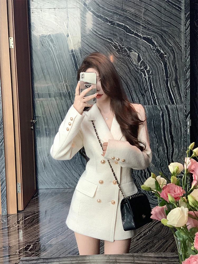 

Women's Autumn Winter Long Sleeve Double Breasted Blazer Dress Lady Streetwear Elegant Solid Color Slim Mini Suit Dress