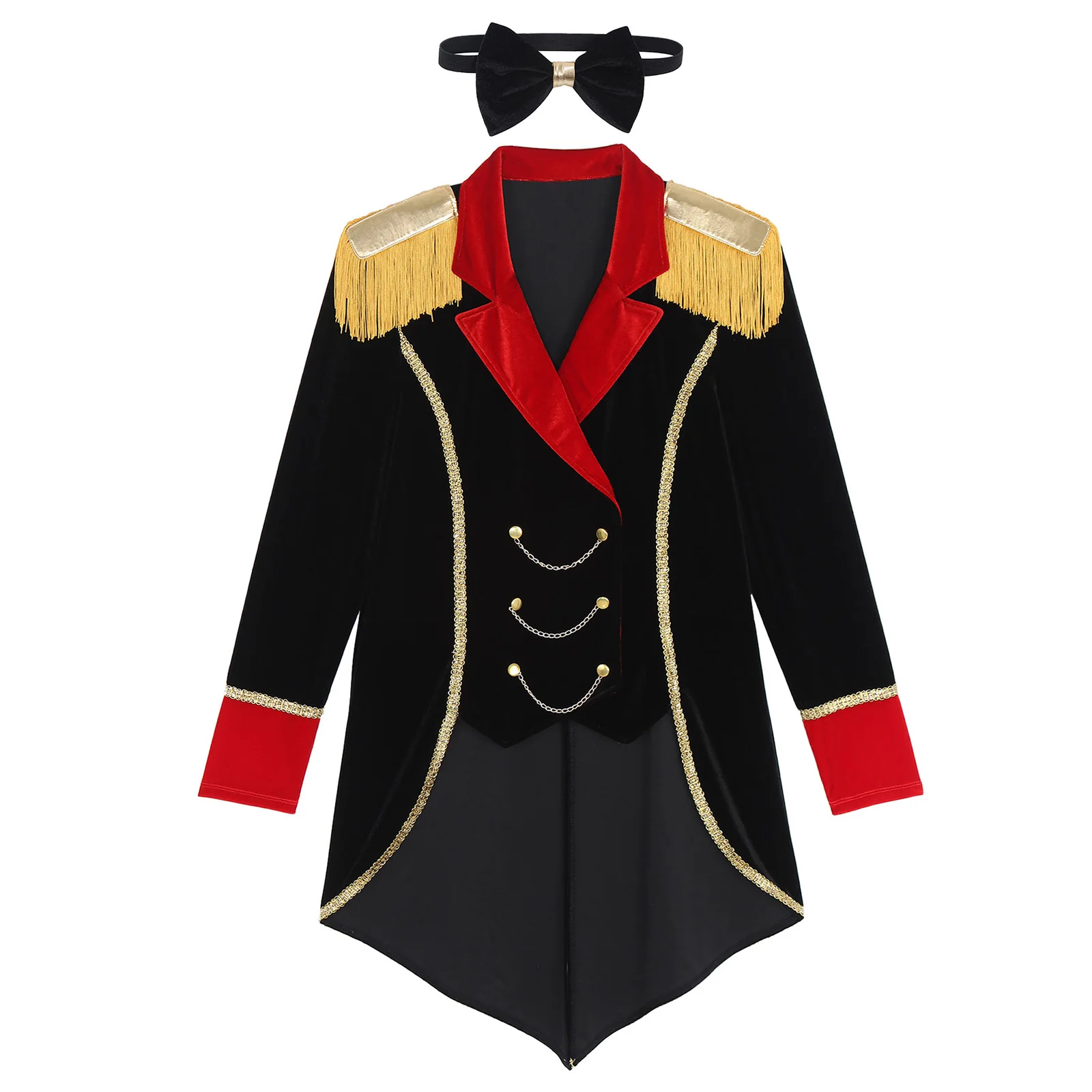 Mens Halloween Circus Ringmaster Cosplay Costume Lapel Fringe Jacket Metal Chains Long Sleeve Swallow-Tailed Coat with Bow Tie