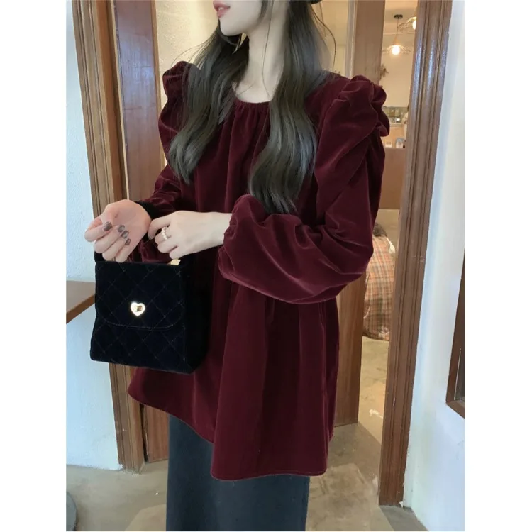 Cisas rouge velours irt femme bulle ample Sve rond Ne pull Ele plissé trajet Sle hiver Faion