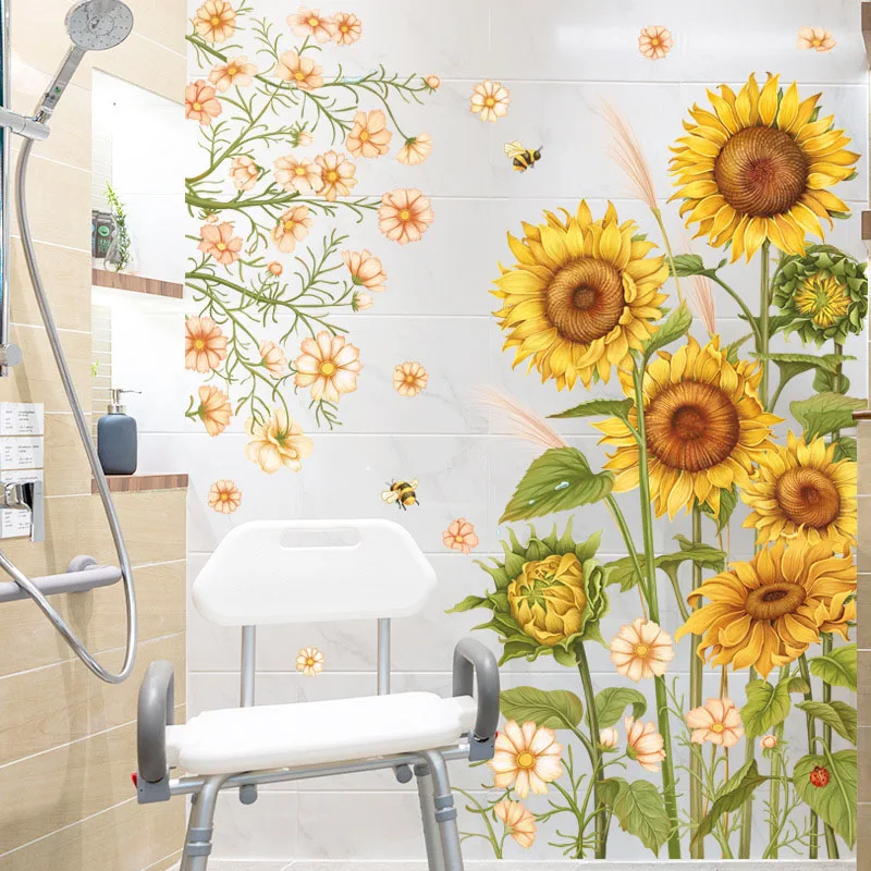 Green Floral Wall Sticker Sunflower Flower Bee Seven-Star Ladybug Nature Floral