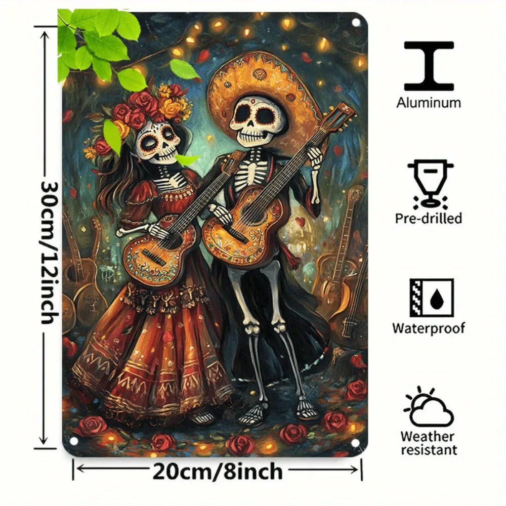 Casa e decoração sazonal sinal de alumínio de metal-esqueleto bonito casal guitarra arte impressão para casa restaurante bar café garagem