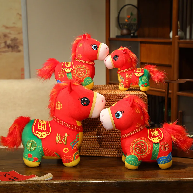 2026 Capodanno mascotte cavallo giocattoli di peluche rosso nero classico fortunato pony bambola Chinatown boutique pony decor festival regalo regalo per bambini
