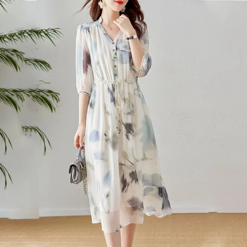 Temperament High-grade Silk Ink Painting Dress V-neck Fashion Design Summer ；ladies Long Skirt Casual Lace-up Light Luxury Dress