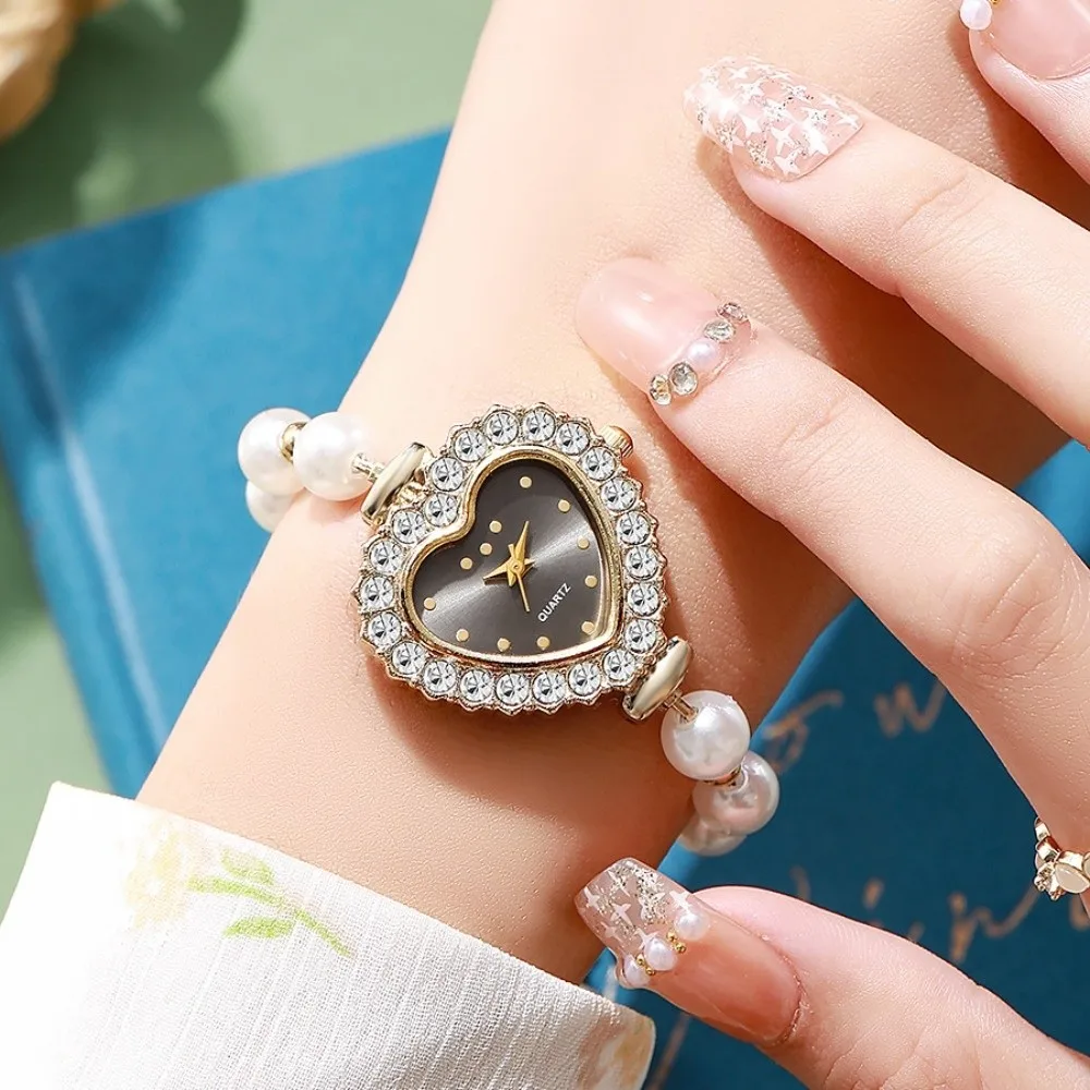 Heart-Shaped Dial Pearl Bracelet Watch Leather Strap Elastic Band Drawstring Bracelet Watch Rhinestone Simple