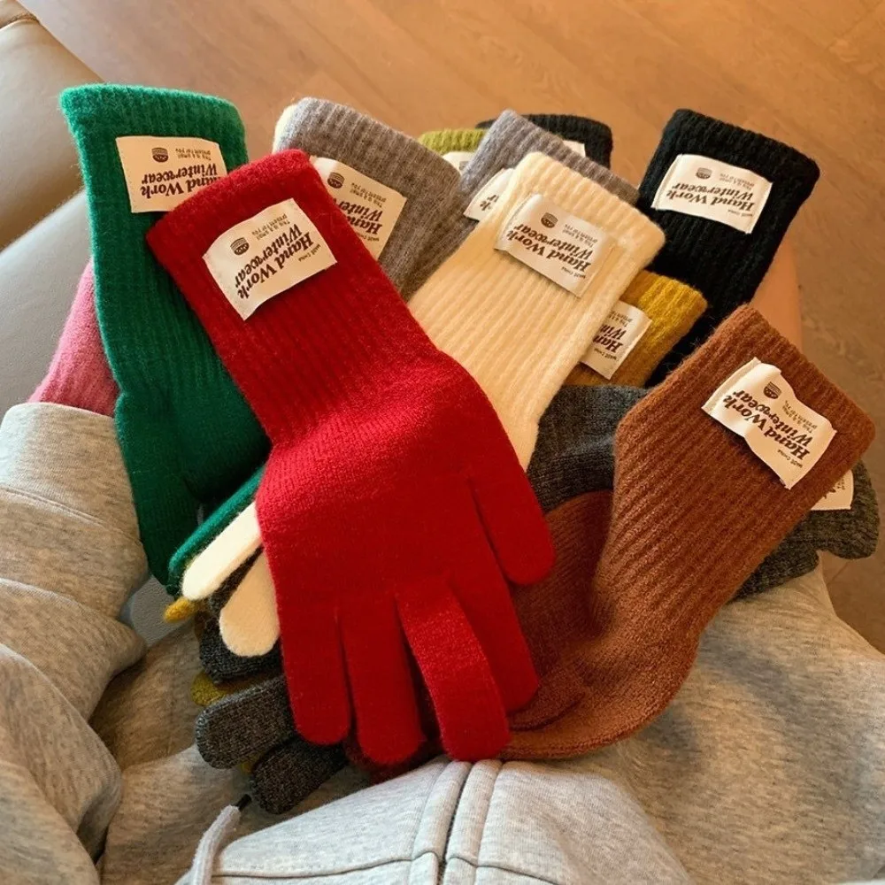 French Style One Size Full Finger Knitted Gloves Warm Lining 10Colors Warm Winter Gloves Faux Cashmere Gloves Women