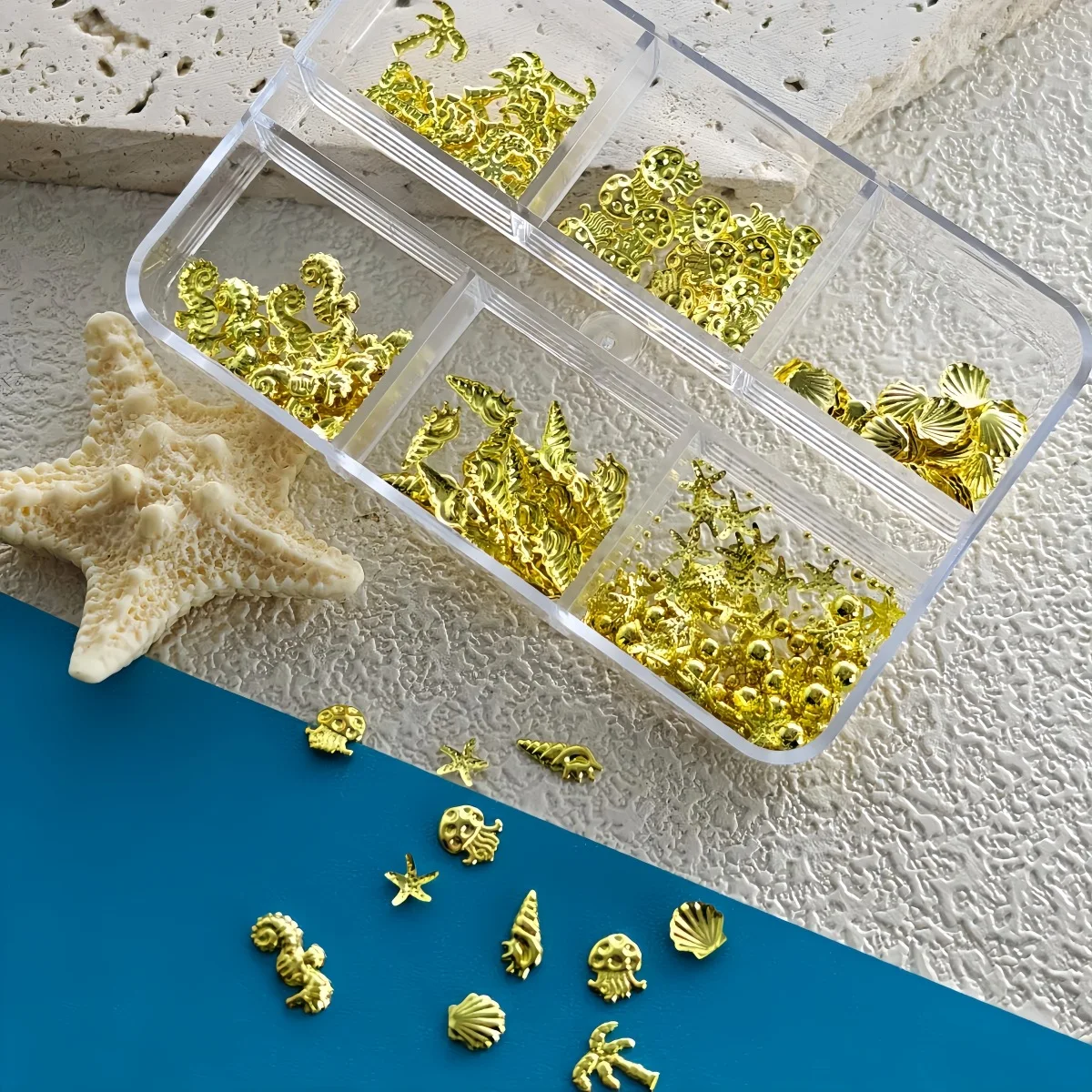 1 Set New Rivet Shell Conch Starfish 6 Grids Mixed Ocean Style Nail Charms DIY Manicure Decor Accessories