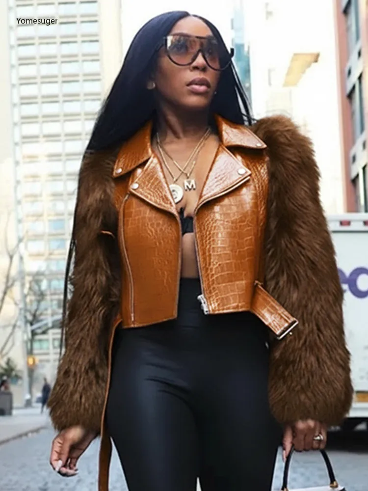 

Yomesugar Women's Faux Leather Jacket Vintage Lapel Fur Sleeve Cropped Biker Style Coat Winter Street Fashion Warm Outerwear
