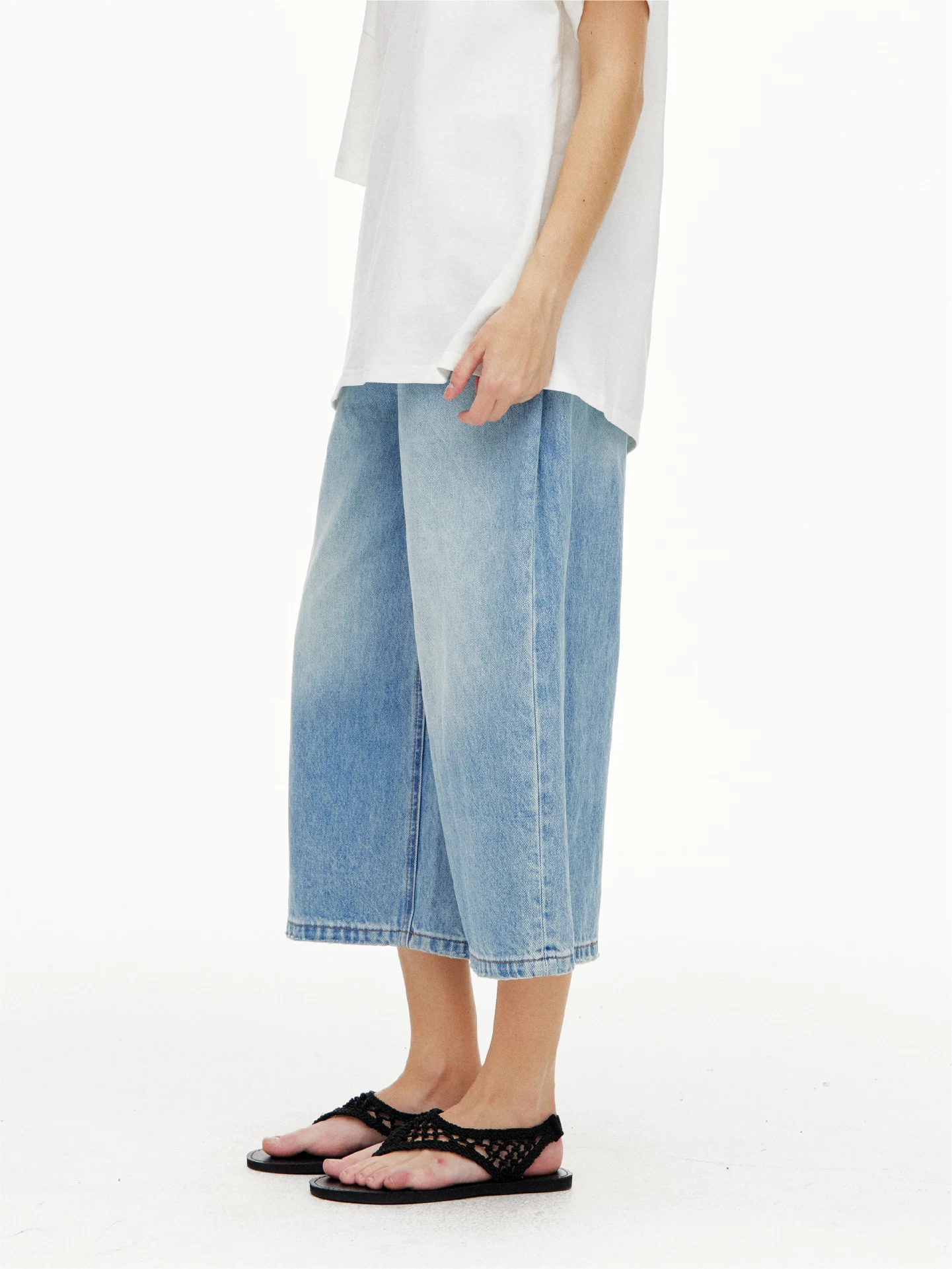 Indigo Wide Leg Crop Denim Jeans Women Loose Straight Casual Trousers BGT Studio Natural Waist Cotton Summer Non-stretch