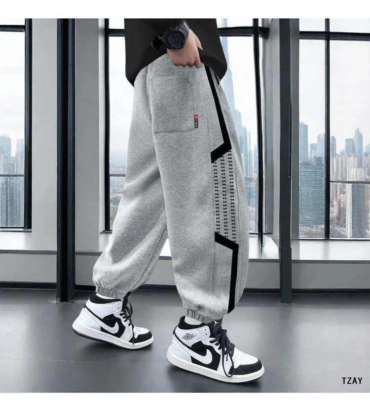 Hochwertige Jungen-Sporthosen, koreanische Kinderhosen mit Seitenstreifen, grau-schwarze lässige Baumwoll-Teenager-Jogginghosen, Kinderkleidung 5-14 Jahre – Detail 6