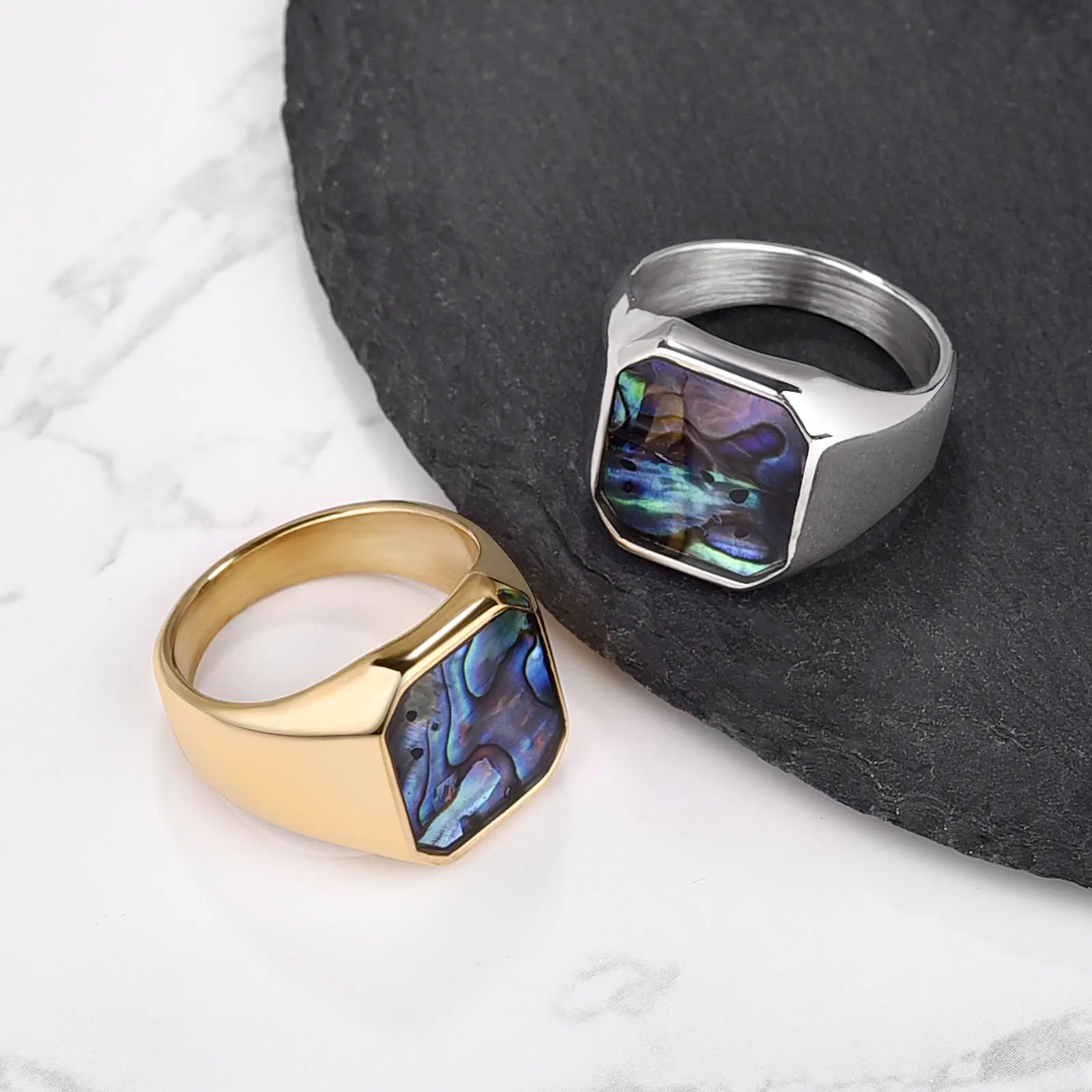 Classic Gold Sliver Color Abalone Shells Finger Ring Men Punk Party Smooth Stainless Steel Rings Male Circular Wedding Ring Gift