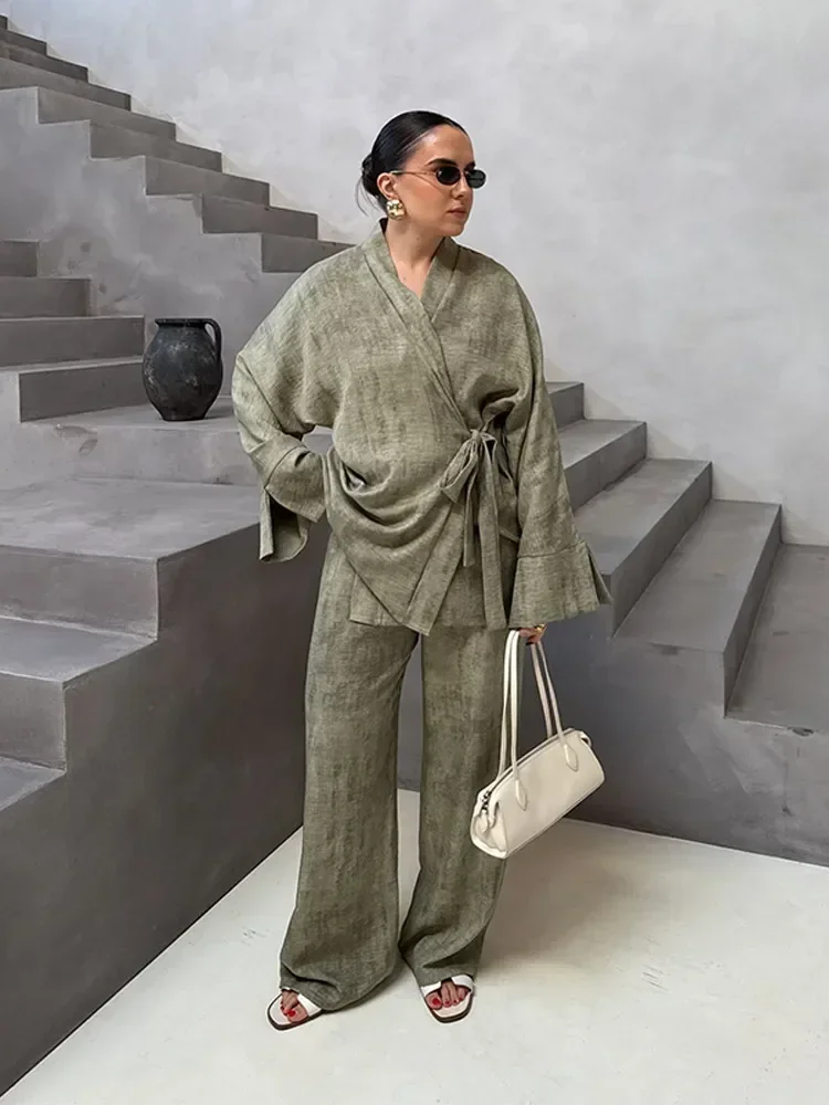 

Trendy Vintage Women's Trouser Suits Loose V-neck Lace Up Long Sleeve Shirts Wide Leg Pants New Spring Summer 2 Pieces Set Women
