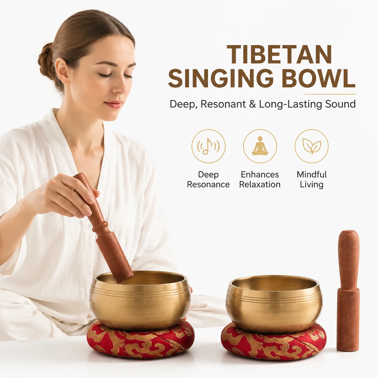 1/2Sets Buddhist Sound Bowl Set, Equipped With Wooden Knocking Sticks And Non‑Slip Cushions, Meditation Bowl, Retro Teahouse Ornaments, Percussion Instruments, Zen Decorative Handicrafts, Suitable For Gifts.