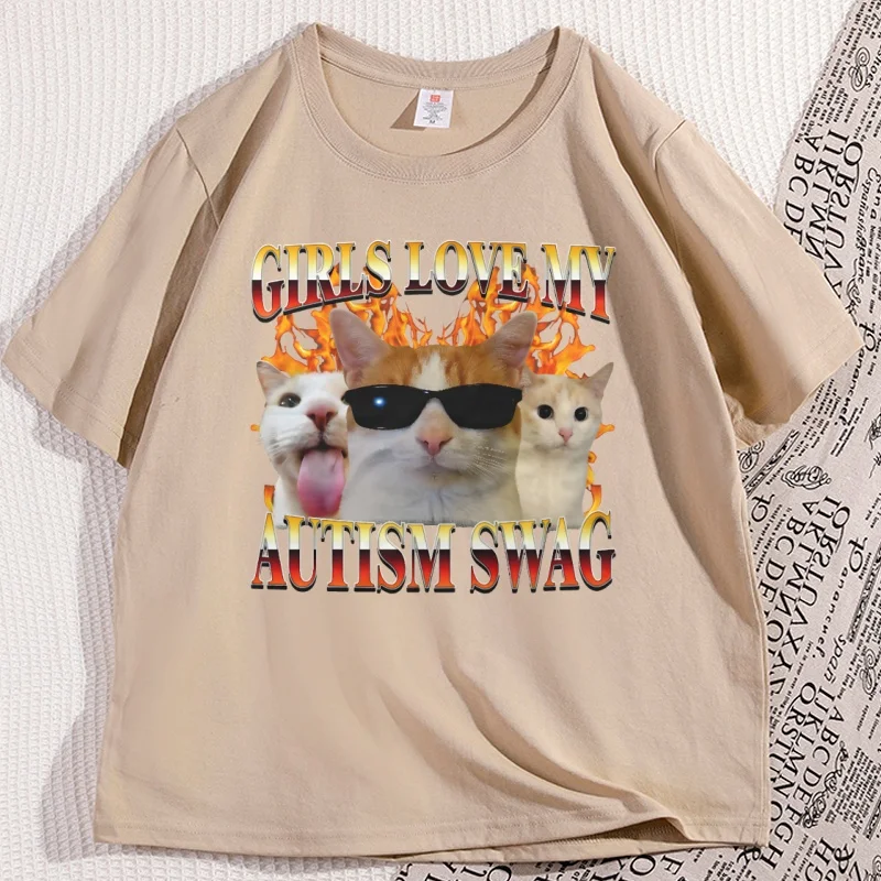 Girls Love My Autism Swag Funny Cat Meme T-shirt Cats Lover Silly Tshirt Casual Cotton Short Sleeve Printed T Shirt Streetwear
