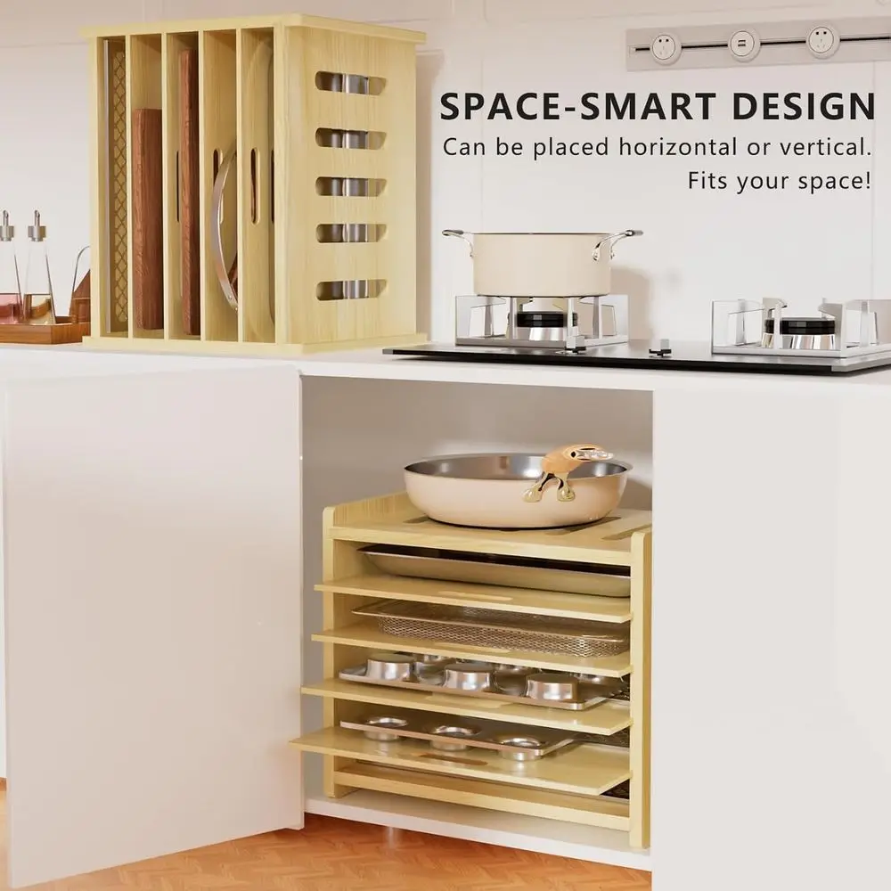 Divisores de bandeja de madeira para armários de cozinha, organizador de cozimento, soluções de armazenamento de panelas e frigideiras