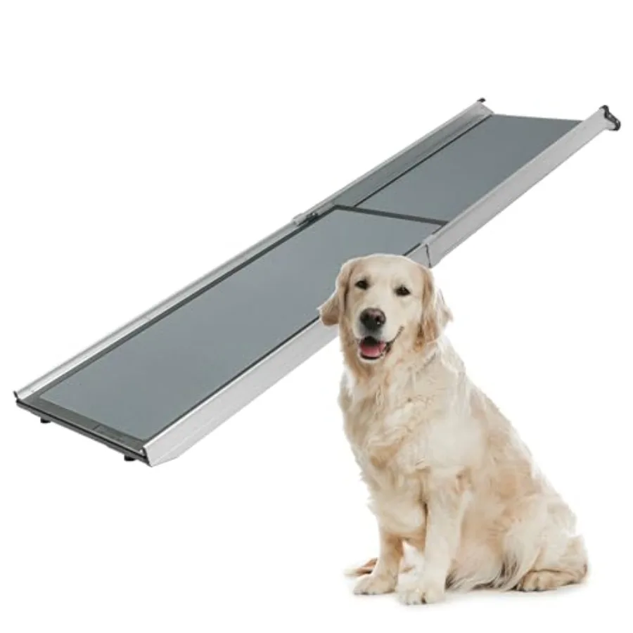 

Portable pet ramp for cars, trucks SUVs: aluminum, black, extra-long telescoping design with adjustable sizing for easy loading