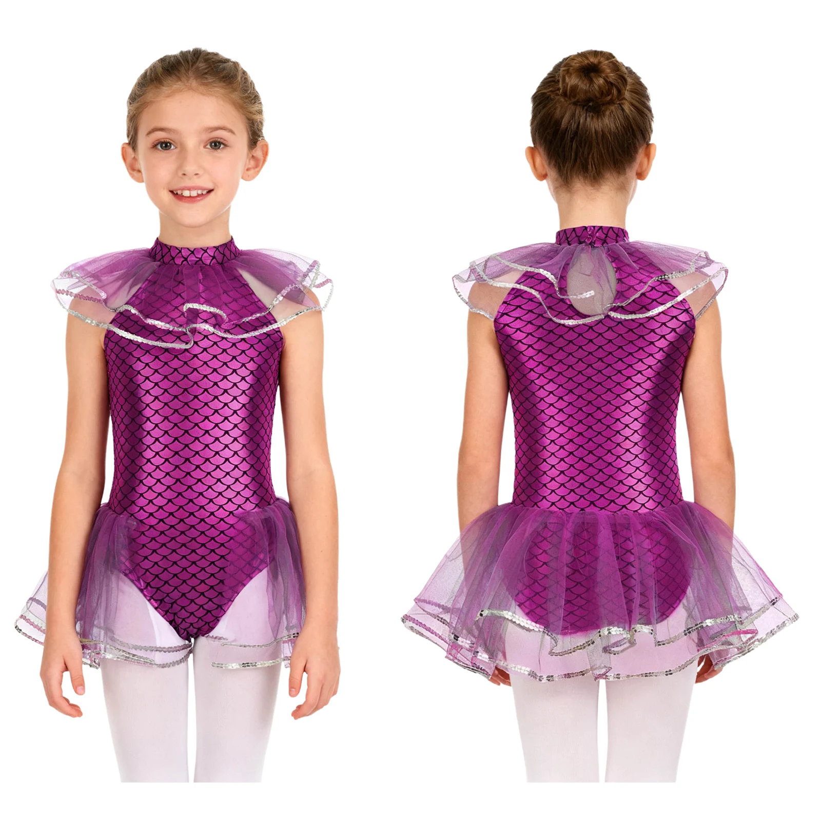 Kids Girls Halloween Carnival Mermaid Cosplay Costume Sleeveless Mermaid Princess Fish Scales Print Bodysuit with Arm Sleeves - Image 6