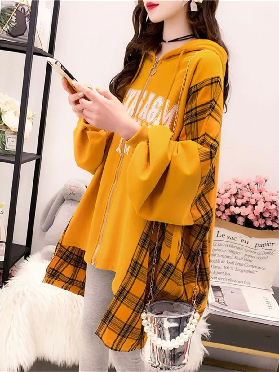

Yellow Plaid Mid length Irregular Patchwork Hoodie Women Autumn Long Sleeve Coats Graffiti Cloak Hoodie Streetwear Males