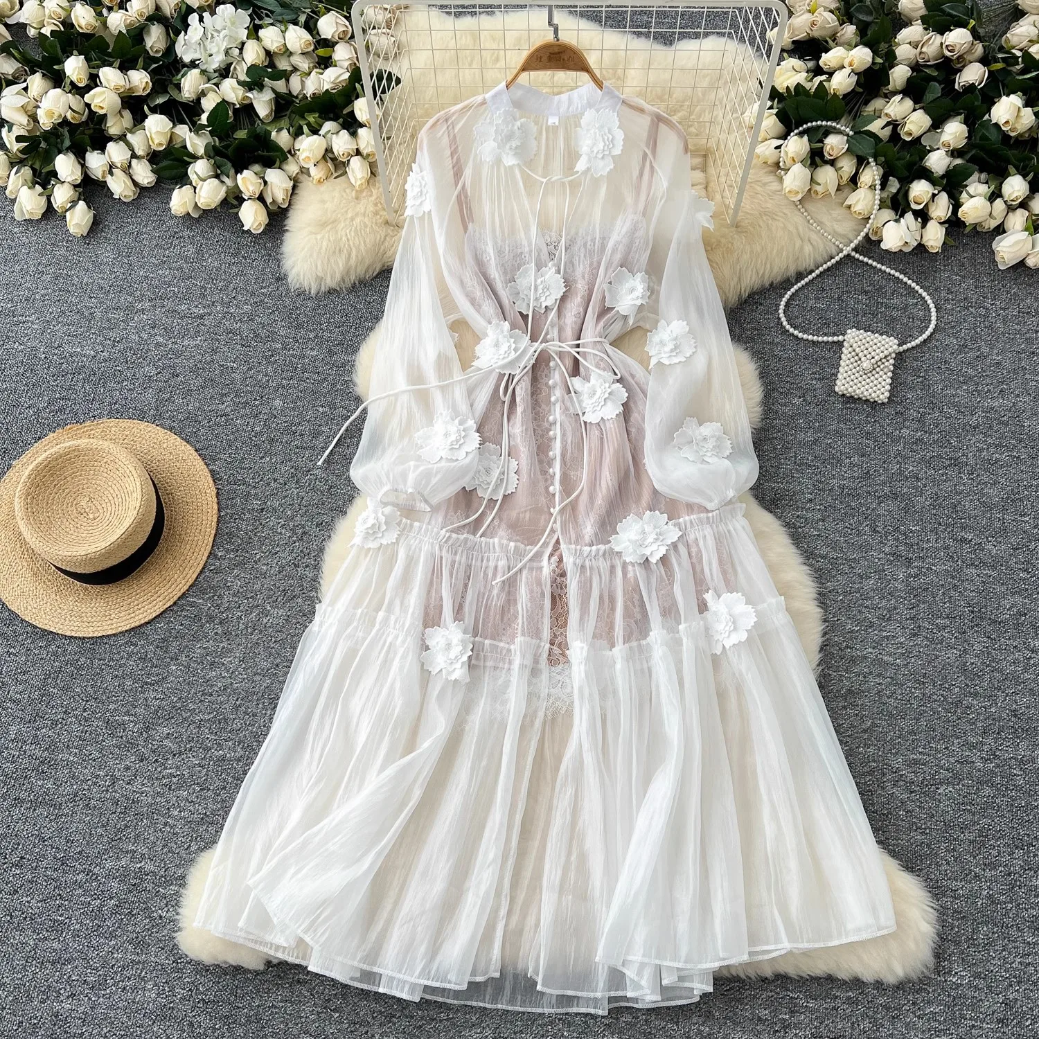 

Solid Flower Embroidery Lace Up Dresses For Women Round Neck High Waist Long Sleeve Elegant Dress Summer 2024 Autumn Clothes