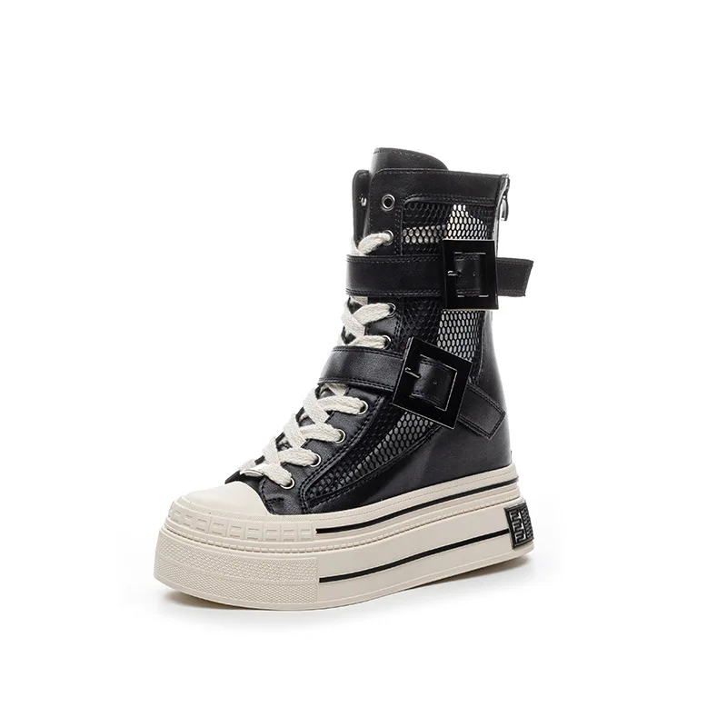 

2026 Summer New Women's 12CM Height Increase Platform Sandals Boots Belt Buckle Chunky Sole Mesh Boots Breathable High Heel
