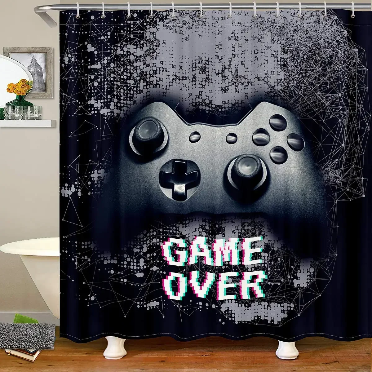 Gamer Shower Curtain Modern Console Game Controller Bathroom Curtain Boys Creative Cool Black Grey Gaming Gamepad Bath Decor Set