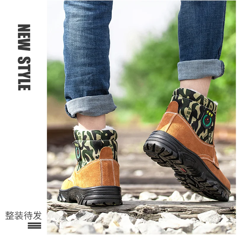 Men's winter high top velvet warm welding construction site wear-resistant steel toe cap anti smashing , anti piercing work co