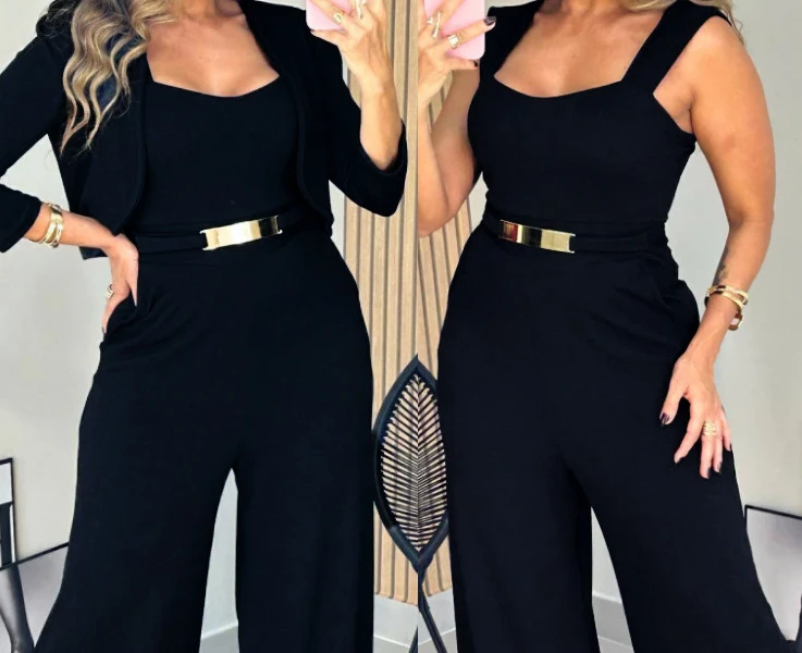 Pakaian 2 Potong Wanita Dekorasi Logam Leher Persegi Tanpa Lengan Ritsleting Belakang Cinched Pinggang Lebar Kaki Jumpsuit & Set Kardigan Crop Kasual