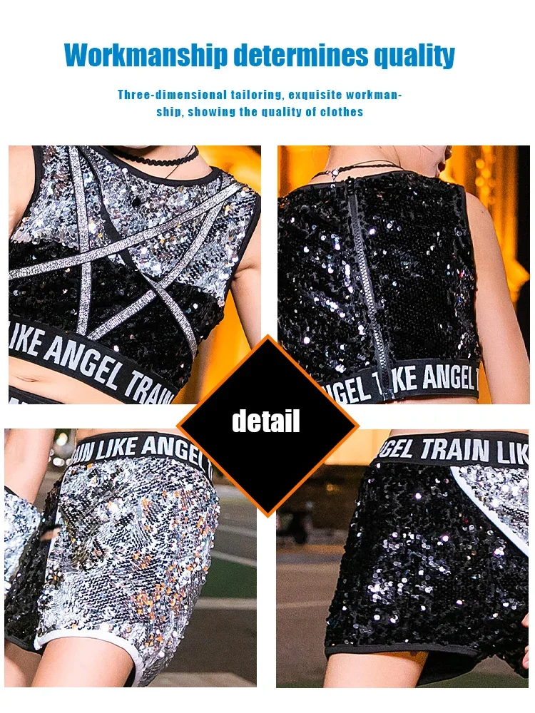 ZZL Urban Dance Girl Clothes Black Silver Sequins Suit K-pop Stage Outfit Fashion Jazz Dance Costume Children Hip-hop Cool Wear