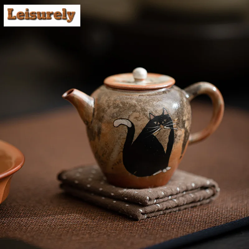 130ml Japanese Wood-fired Porcelain Zhiye Teapot Handmade Gilt Silver Silver Cat Pot Tea Brewing Kettle Drinkware Decoration