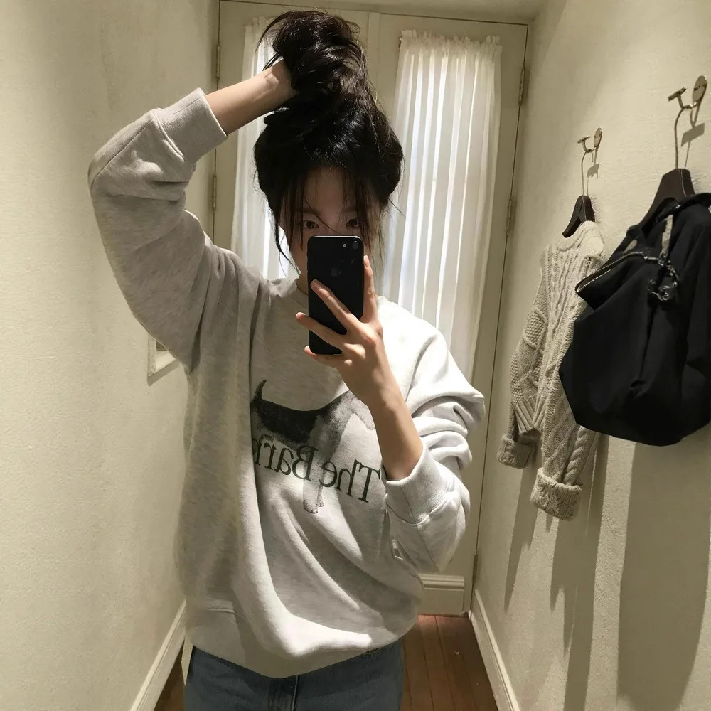 Thebarnnet Korea Sudadera con cuello redondo y forro polar para mujer - Nuevo top de otoño/invierno