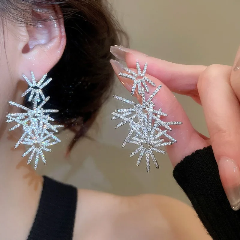 

Minar Textured Full CZ Cubic Zirconia Starburst Long Drop Earrings for Women Silver Plated Copper Statement Holiday Jewelry