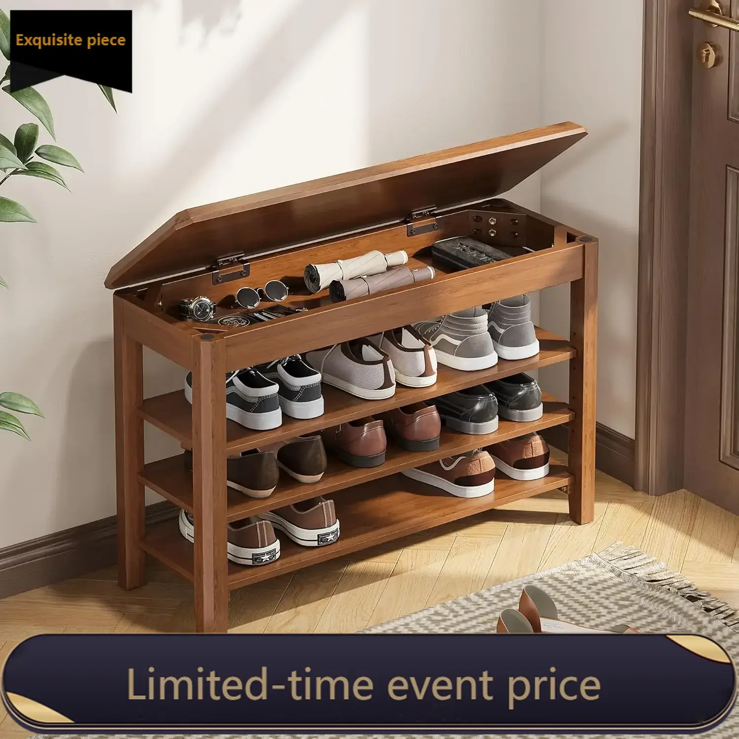

Space Saving Shoe RackShoe Rack Bench Seat Rubberwood 3-Tier Wooden Storage Bench 550lbs Compact Mid-Century Modern Design for E