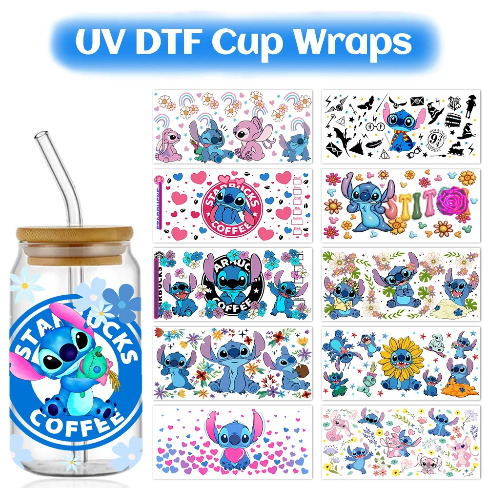 Disney Stitch 16oz UV DTF Cup Wrap Cartoon Transfers Libbey Wrap Tumbler DIY Logo Sticker Glass Can Selfadhesive Waterproof