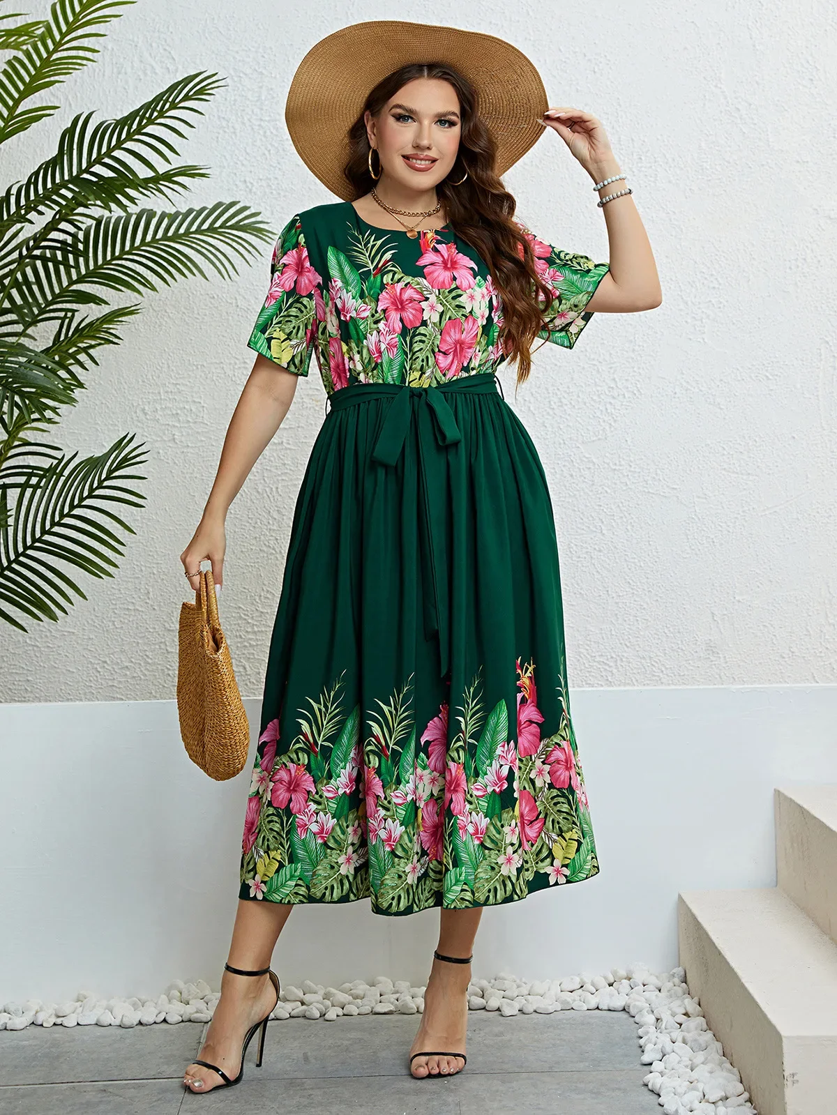 Plus Size Womne Dress Crew Neck Floral Print Patchwork Female Robe A-Line Color Block Short Sleeves Lady Waist Belt Summer Gown