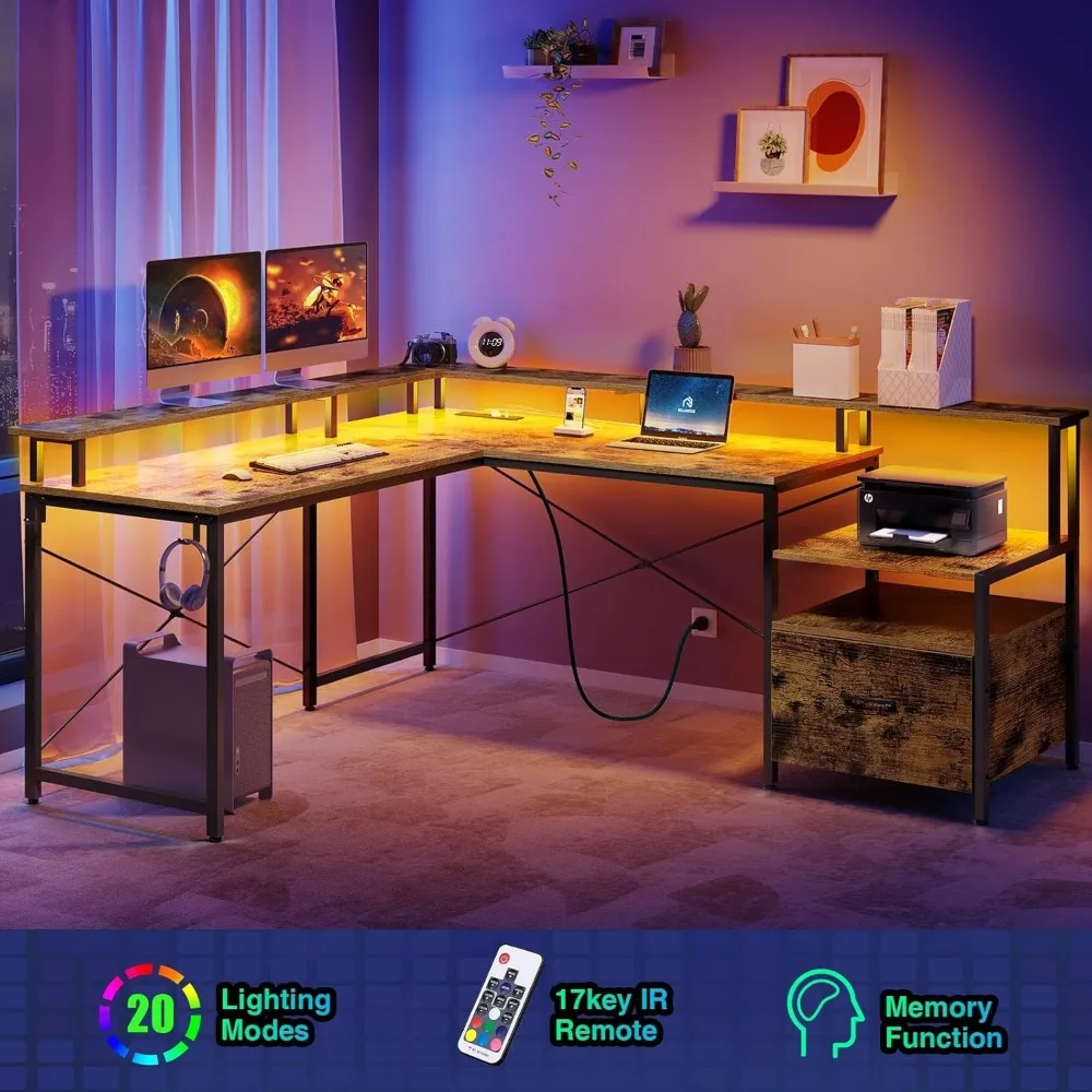 Computer Desk with File Drawer, 64" L Shaped Desk with Power Outlet & LED Strip, L Shaped Corner Desk with File Cabinet, Home O