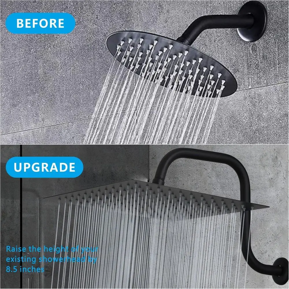 12 رأس دش مربع كبير معدني بالكامل مع 13 ذراع معقوفة، تصميم شلال عالي التدفق باللون الأسود #6