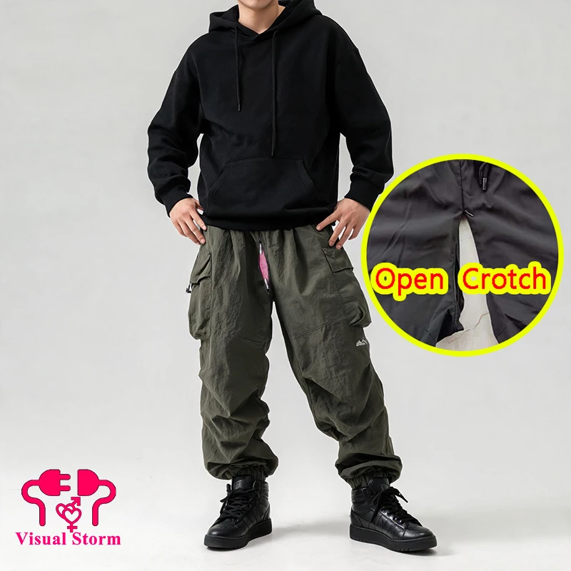 Men's Open Crotch Pants Hidden Zipper Multi Pockets Drawstring Safari Style Outdoor Play Easy Hidden Zipper Crotchless Trousers